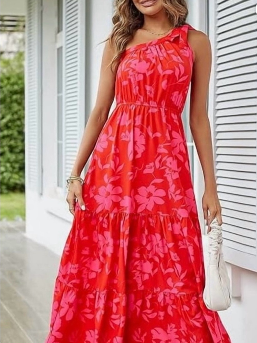 One-Shoulder Red Floral Maxi Dress